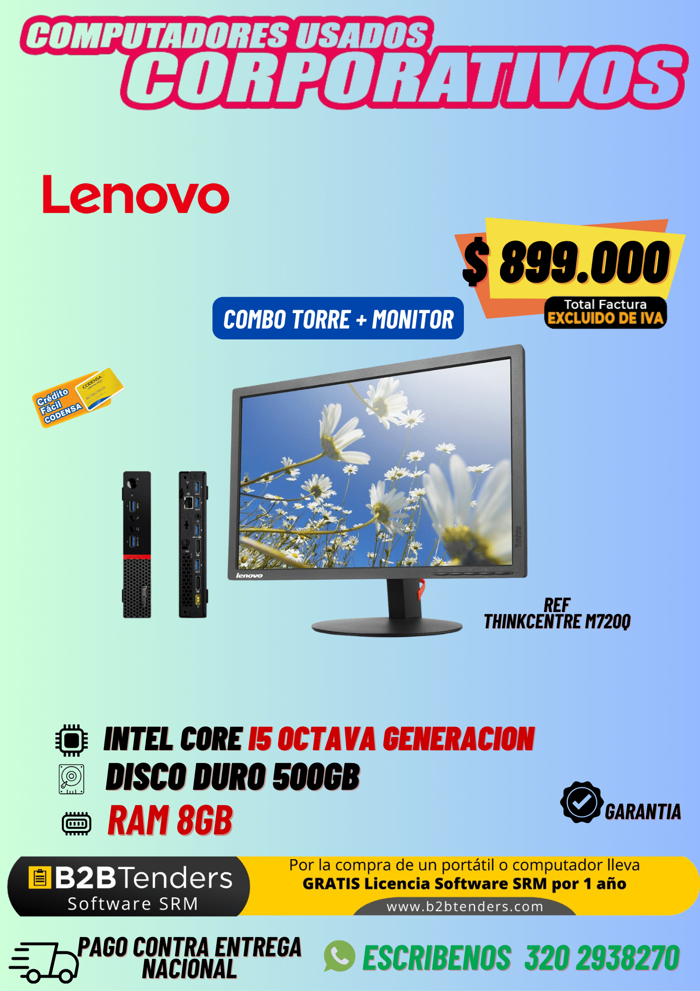 Combo Lenovo M720Q + Monitor | i5 8ª Gen | 8GB RAM | 500GB HDD