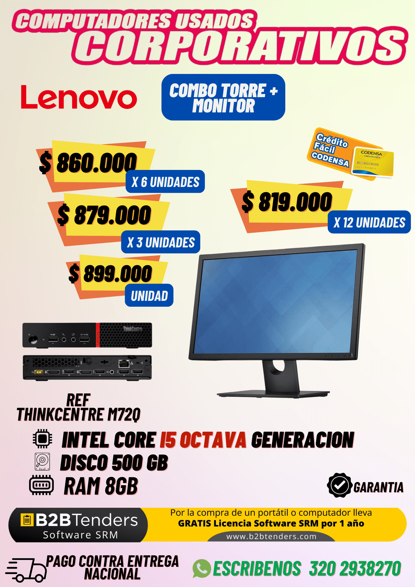 Combo Lenovo ThinkCentre M720Q + Monitor | Core i5 8va Gen 8GB RAM 500GB