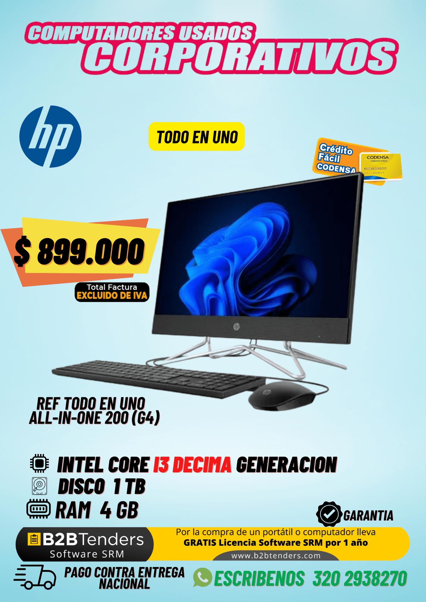 HP All-in-One 200 G4 | Core i3 10ma Gen | 4GB RAM | 1TB | Computador Todo en Uno Corporativo
