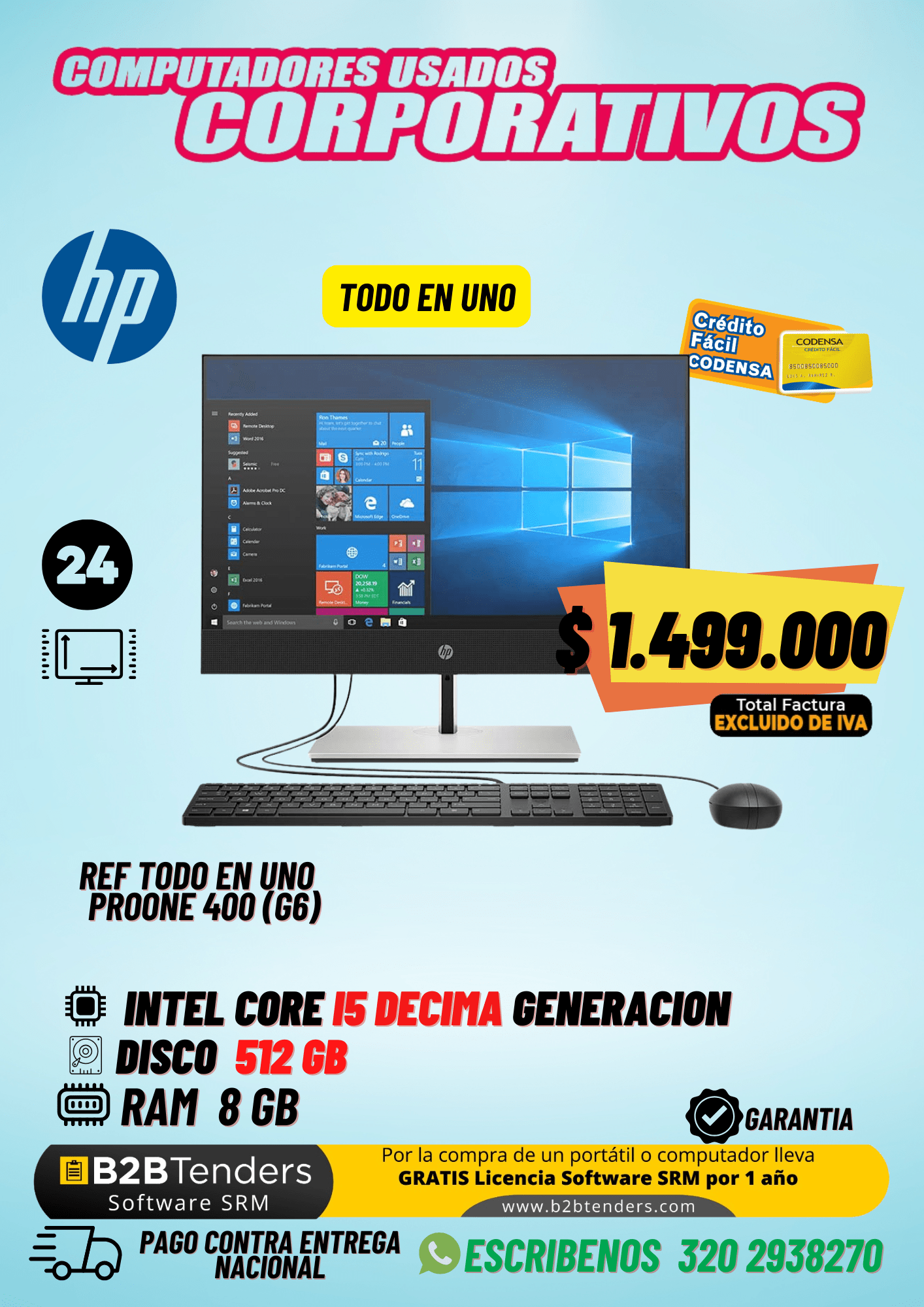 HP ProOne 400 G6 AIO | Core i5 10ma Gen | 8GB RAM | 512GB SSD | Todo en Uno Corporativo