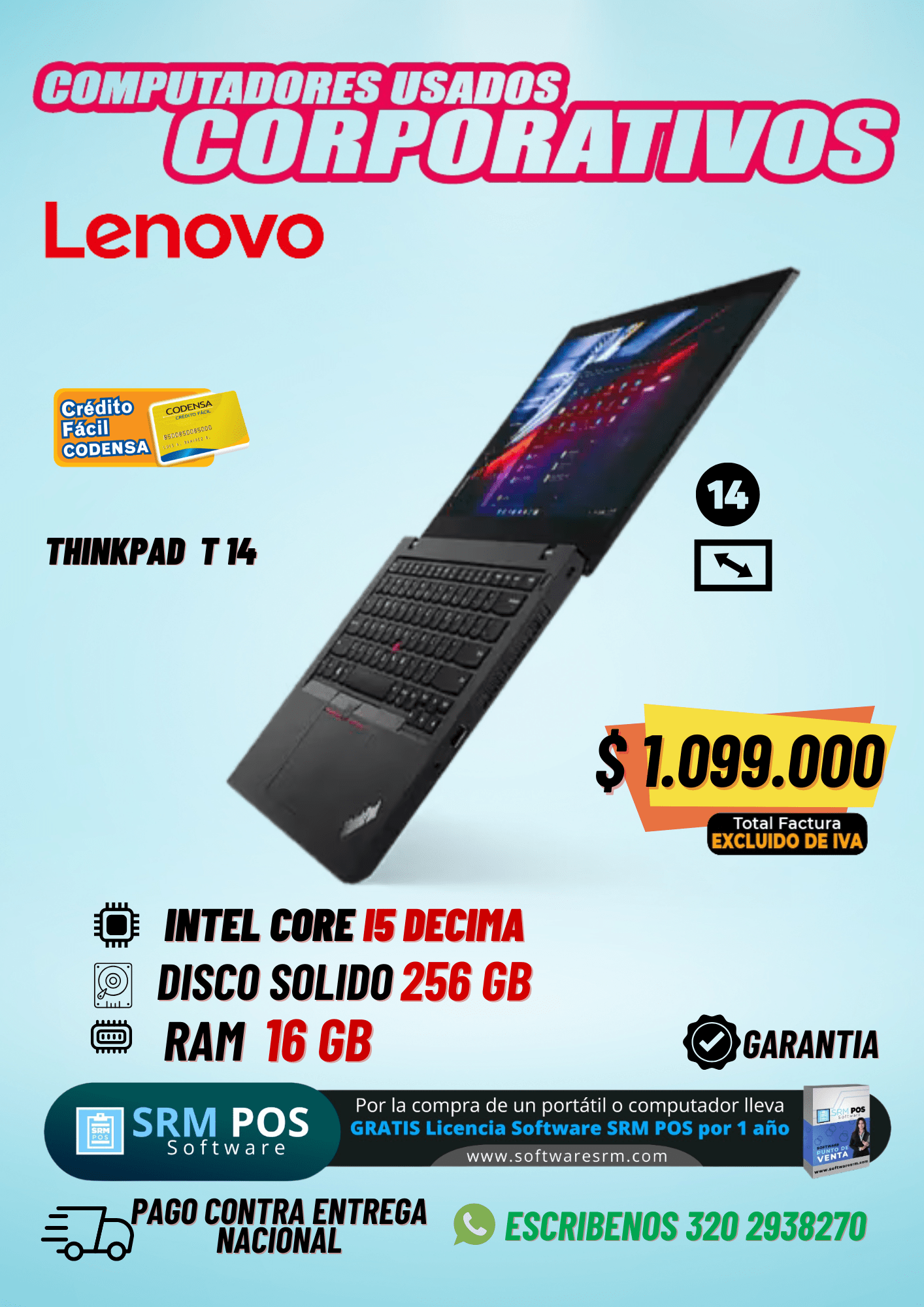 Lenovo ThinkPad T14 Core i5 10ª Gen | 16GB RAM | 256GB SSD | Portátil Corporativo Usado