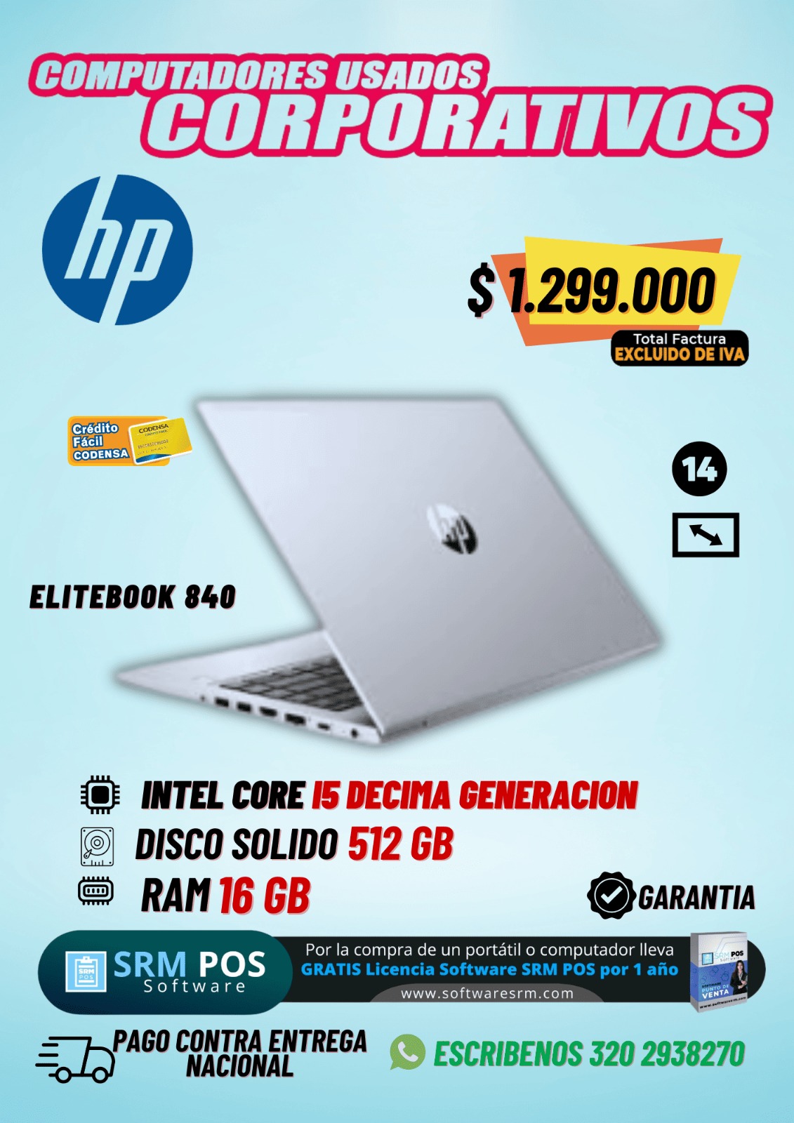 HP EliteBook 840 i5 10ma Gen 16GB RAM 512GB SSD Portátil Corporativo