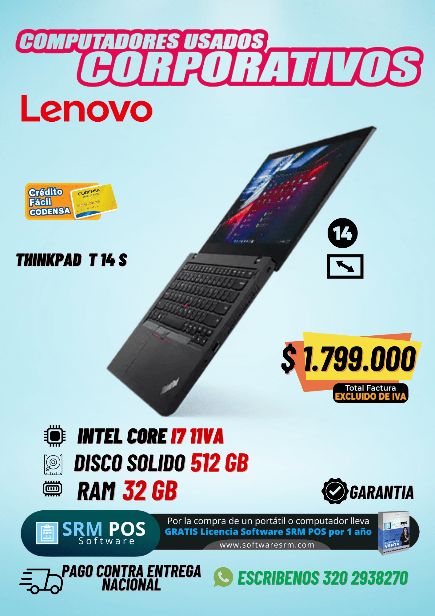Lenovo ThinkPad T14s Gen 2 i7 11ª Gen 32GB 512GB SSD | Portátil Empresarial Premium Colombia