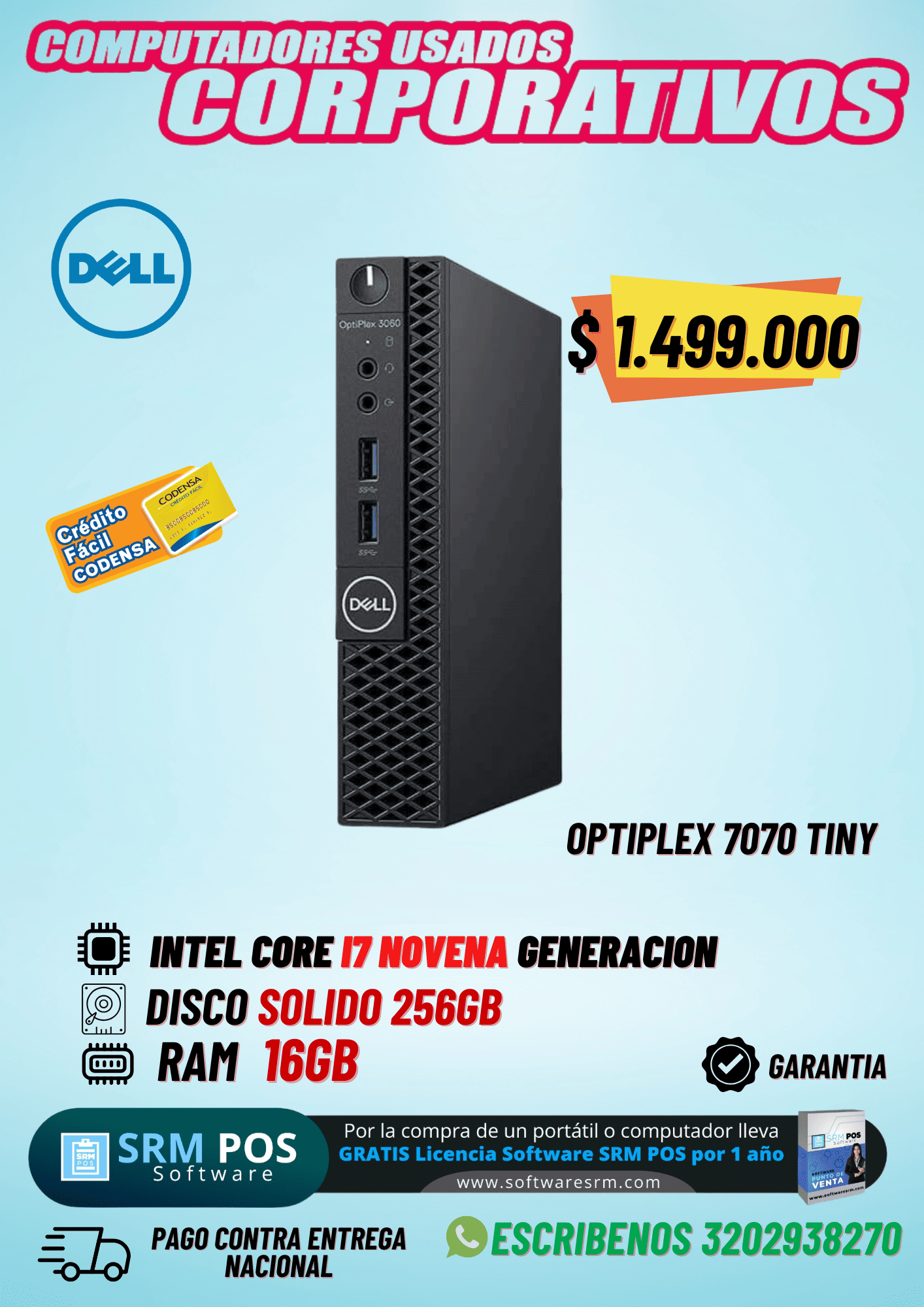 Dell OptiPlex 7070 Tiny i7 9ª Gen 16GB 256GB SSD | Mini PC Empresarial Colombia