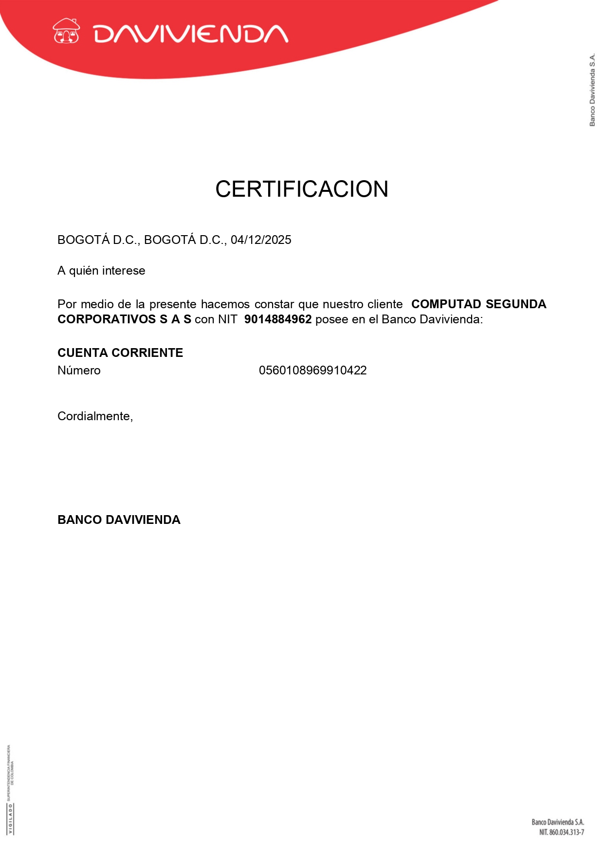 Número de cuenta Davivienda — página 1