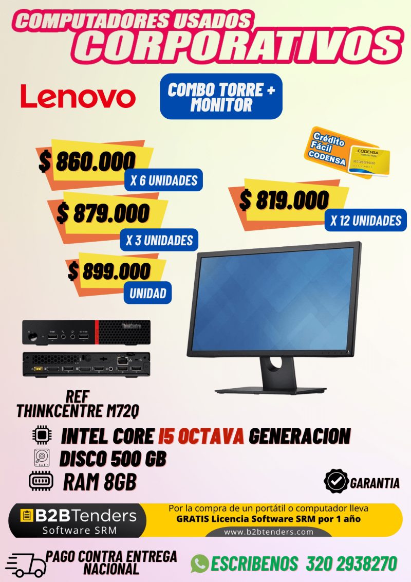 Combo Lenovo ThinkCentre M720Q + Monitor | Core i5 8va Gen 8GB RAM 500GB - Imagen principal