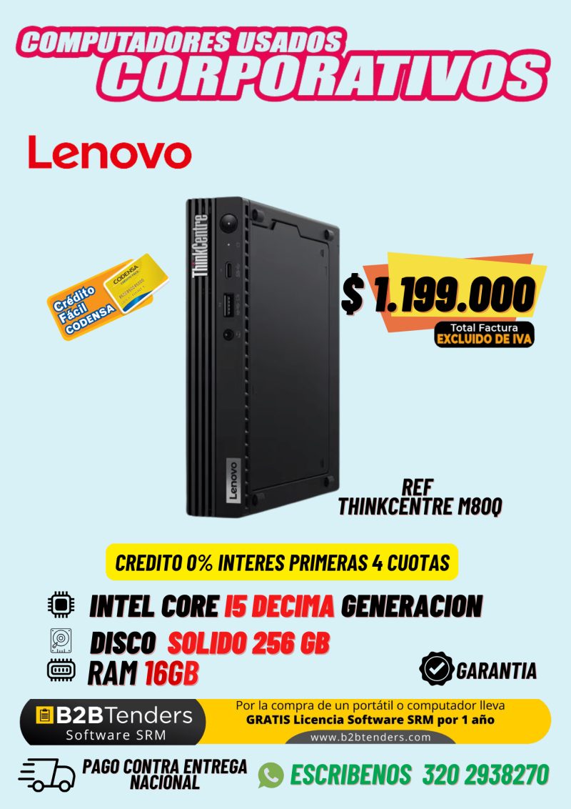 Lenovo ThinkCentre M80q Tiny – Mini PC Empresarial | Intel Core i5 10ma Gen | 16GB RAM | 256GB SSD - Imagen principal