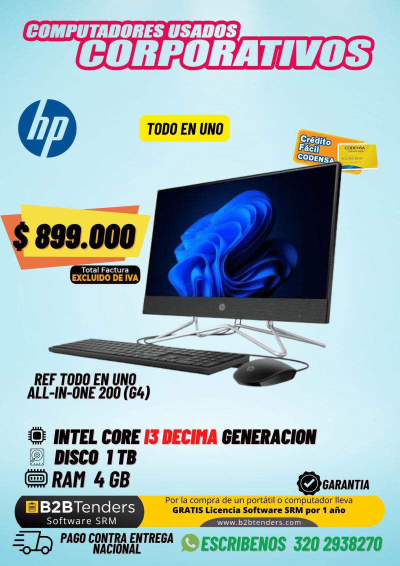 HP All-in-One 200 G4 | Core i3 10ma Gen | 4GB RAM | 1TB | Computador Todo en Uno Corporativo - Imagen principal