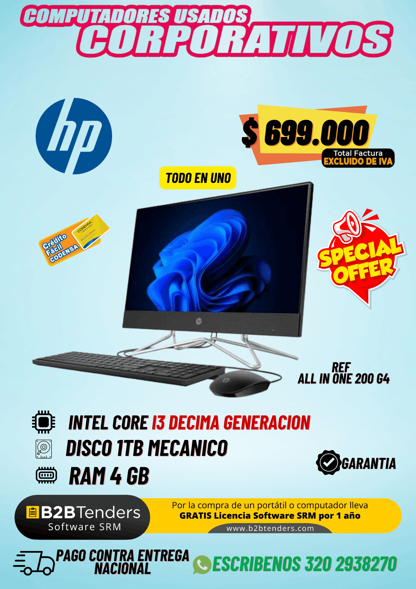 HP All In One 200 G4 i3 10ª Gen 4GB 1TB | Computador Todo en Uno SIN IVA