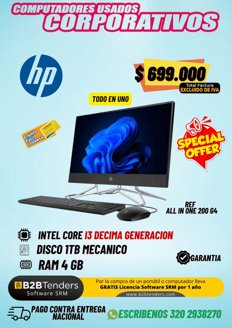 HP All In One 200 G4 i3 10ª Gen 4GB 1TB | Computador Todo en Uno SIN IVA - Imagen 1