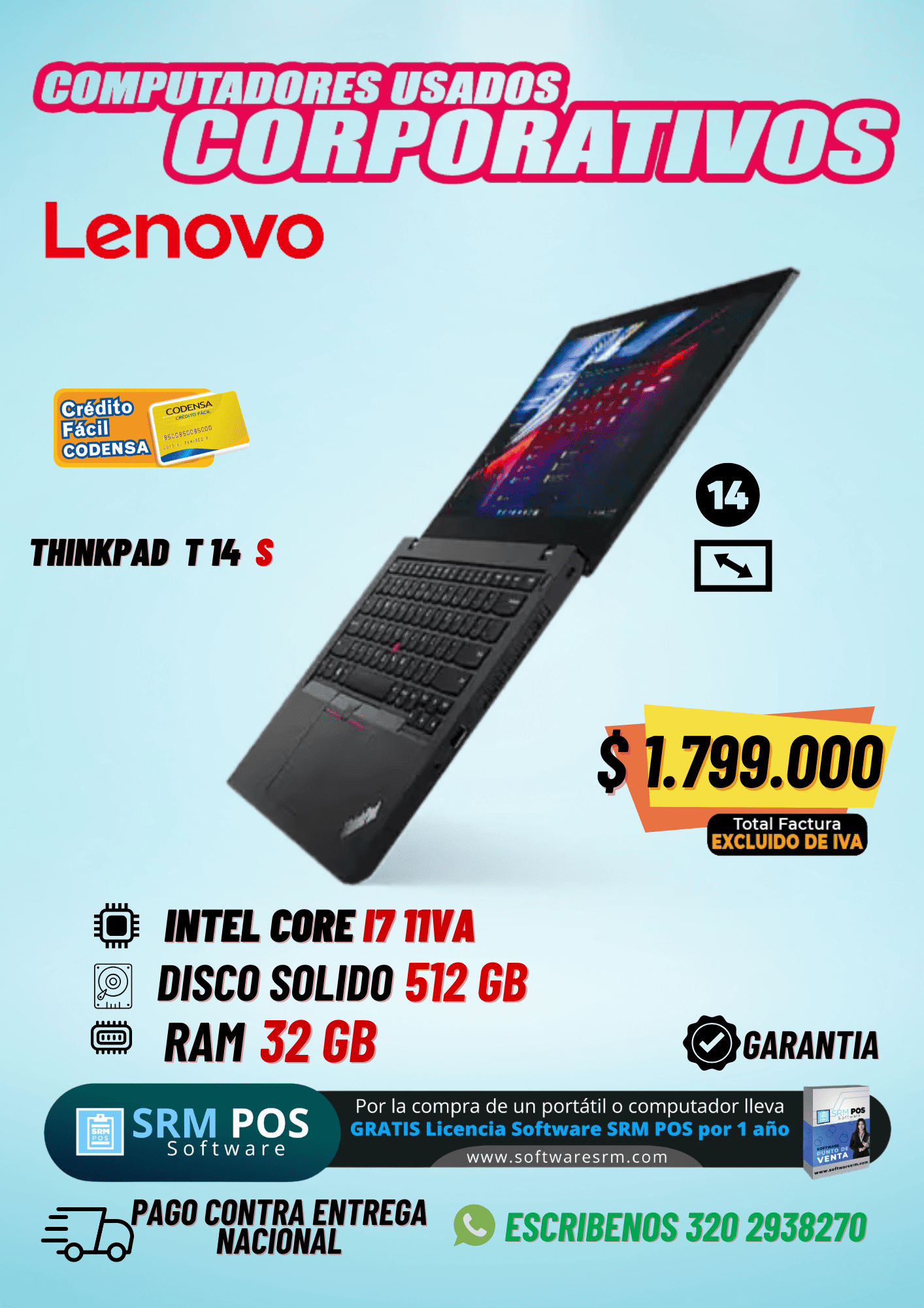 Lenovo ThinkPad T14s Gen 2 i7 11ª Gen 32GB 512GB SSD | Portátil Empresarial Premium Colombia