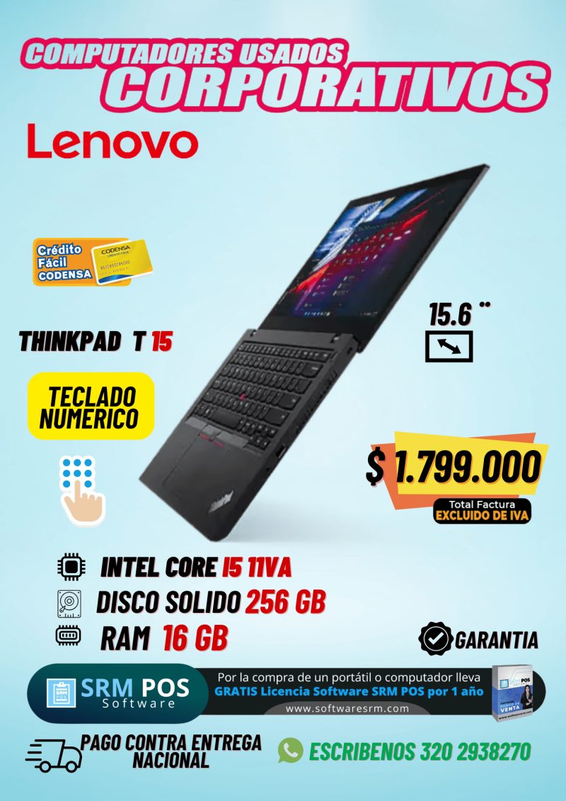 Lenovo ThinkPad T15 i5 11ª Gen 16GB 256GB SSD | Portátil 15.6” con Teclado Numérico Colombia - Imagen 1