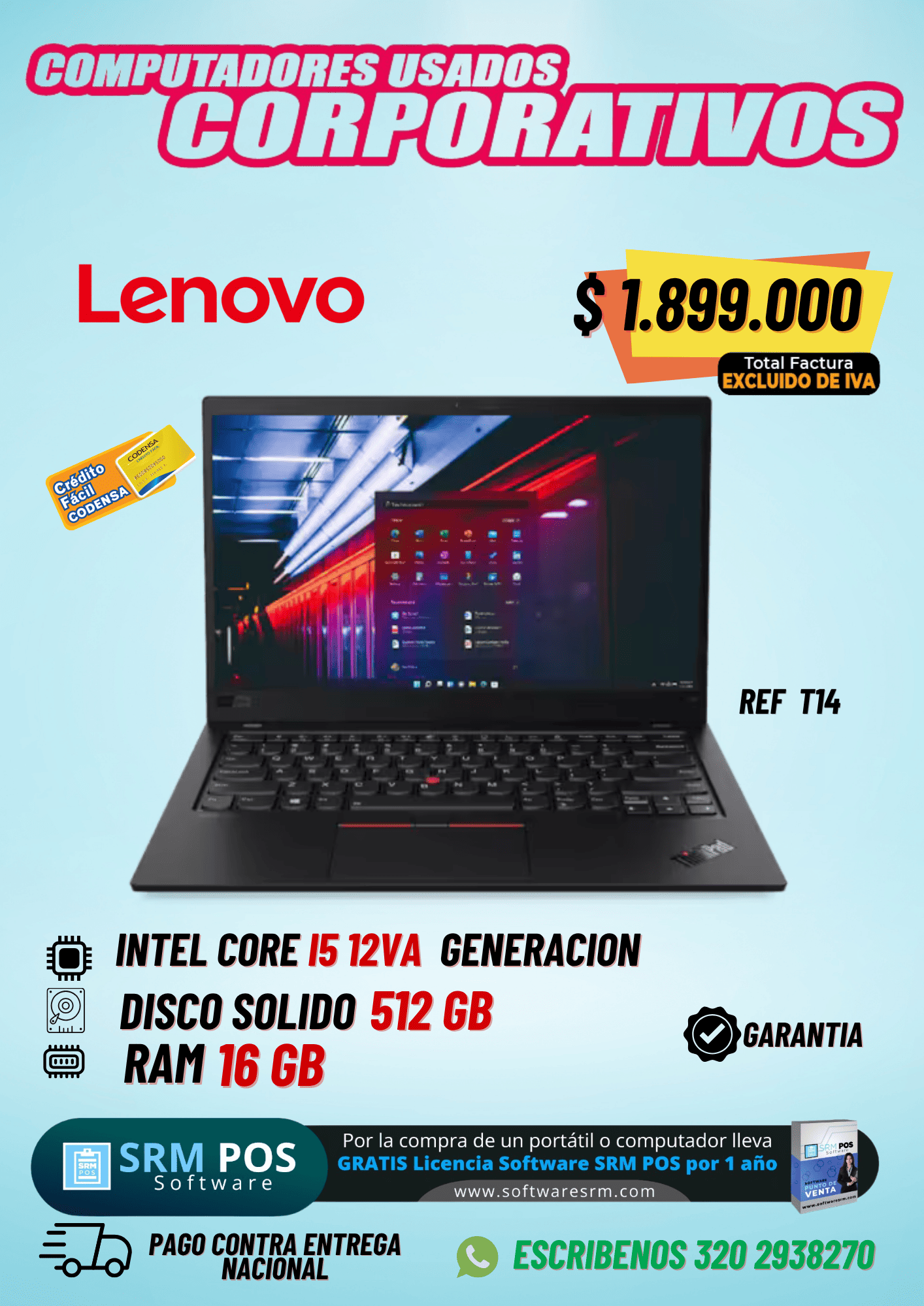 Lenovo ThinkPad T14 i5 12ª Gen 16GB 512GB SSD | Portátil Empresarial Colombia