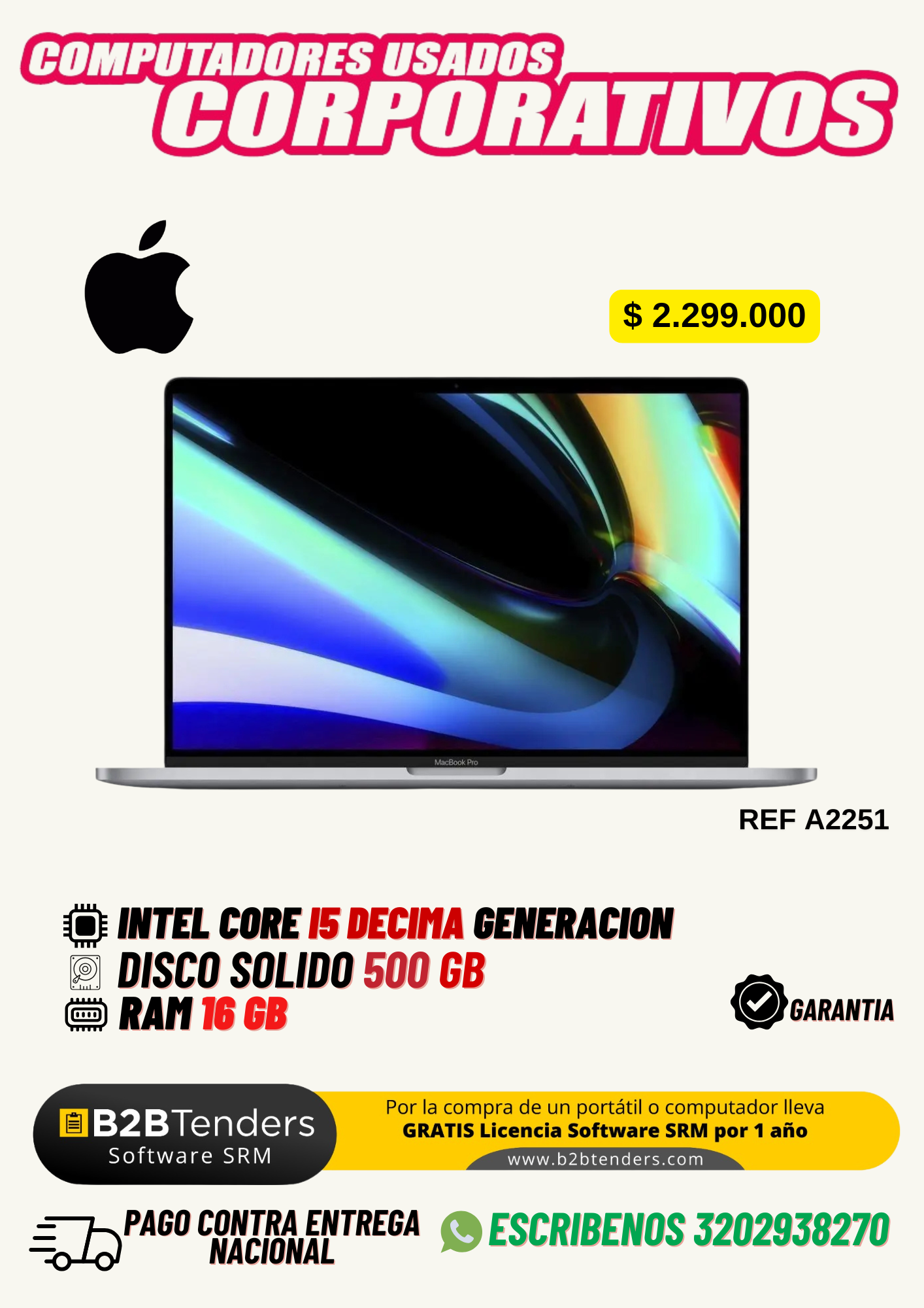 Apple MacBook Pro 13" A2251 i5 10ª Generación – 16GB RAM – SSD 500GB