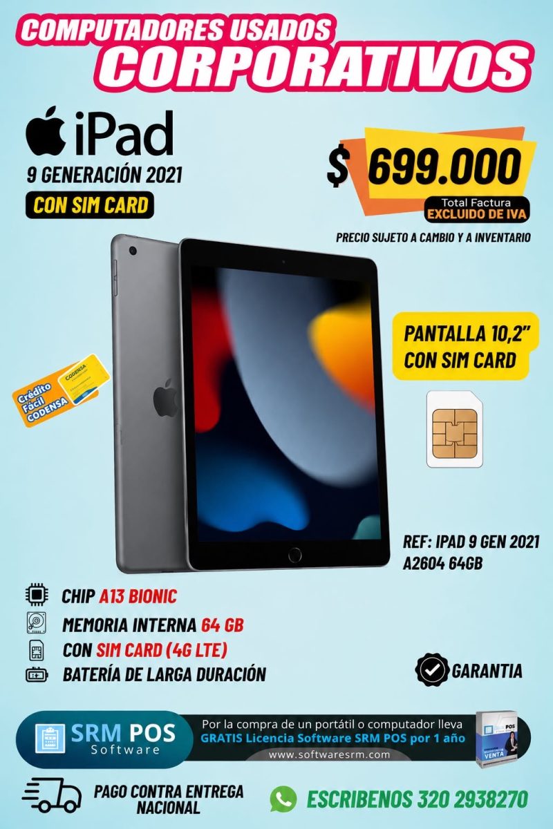 Apple iPad 9ª Generación 2021 A2604 64GB 4G LTE SIM Card | Usada Corporativa Colombia - Imagen 1