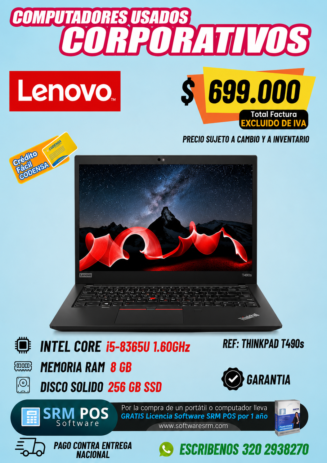 Lenovo ThinkPad T490s Intel Core i5-8365U | 8GB RAM | 256GB SSD | Computador Corporativo