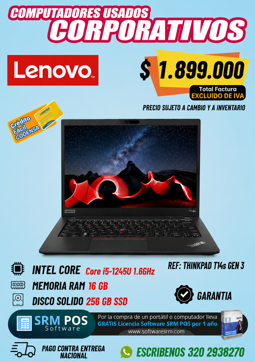 Lenovo ThinkPad T14s Gen 3 Intel Core i5-1245U | 16GB RAM | 256GB SSD | Computador Corporativo