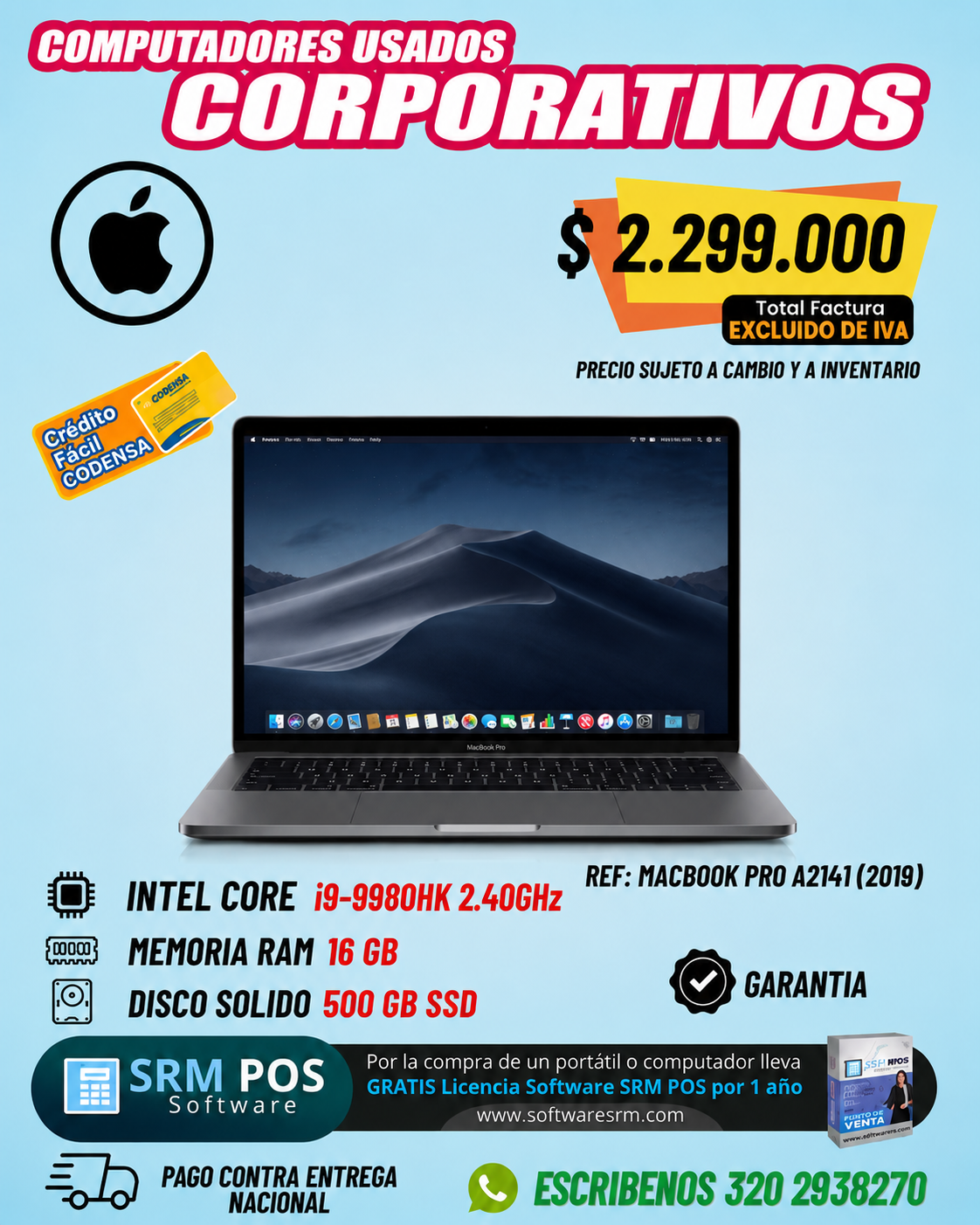 Apple MacBook Pro A2141 (2019) Intel Core i9-9980HK | 16GB RAM | 500GB SSD | MacBook Pro Usado