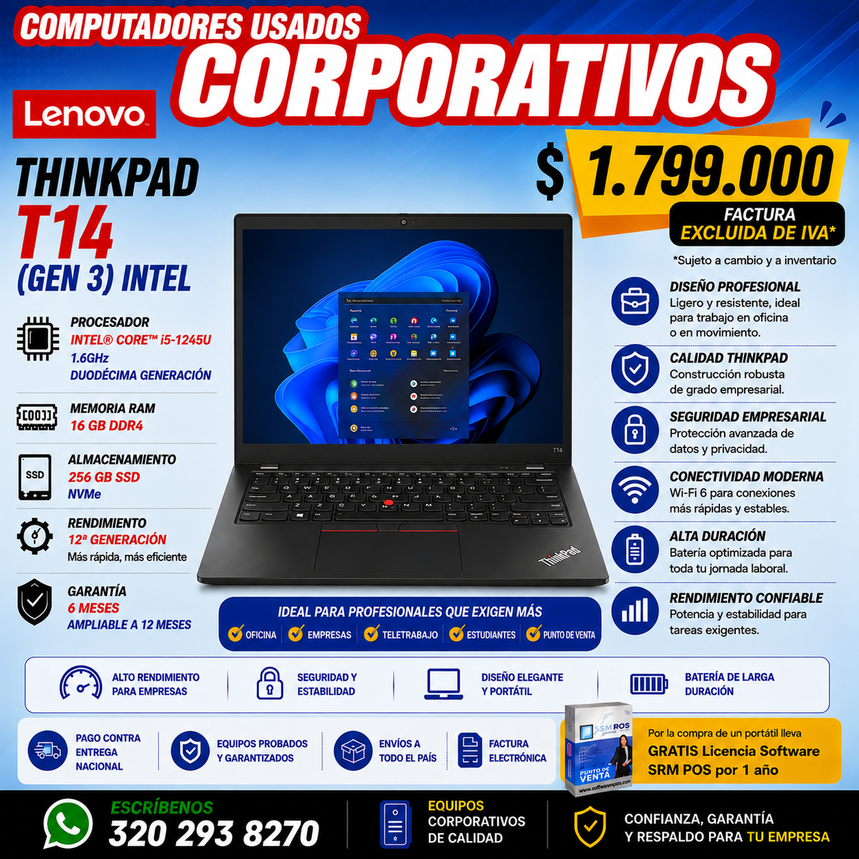 Lenovo ThinkPad T14 Gen 3 Intel Core i5-1245U 16GB 256GB SSD | Computador Corporativo Usado