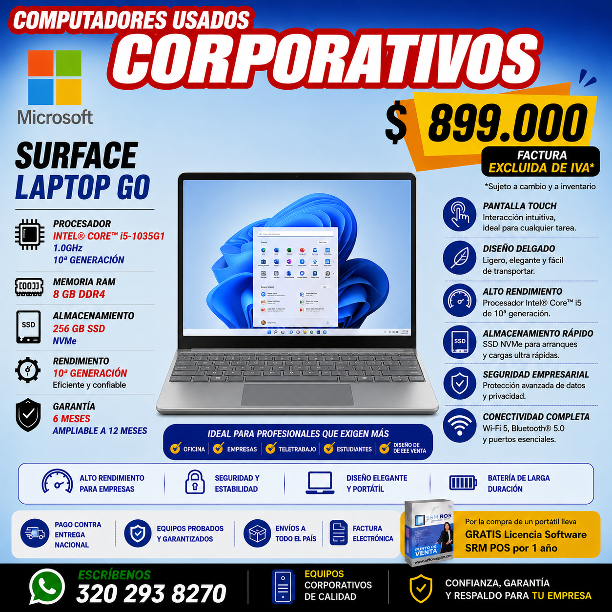 Microsoft Surface Laptop Go Intel Core i5-1035G1 8GB 256GB SSD | Computador Corporativo Usado