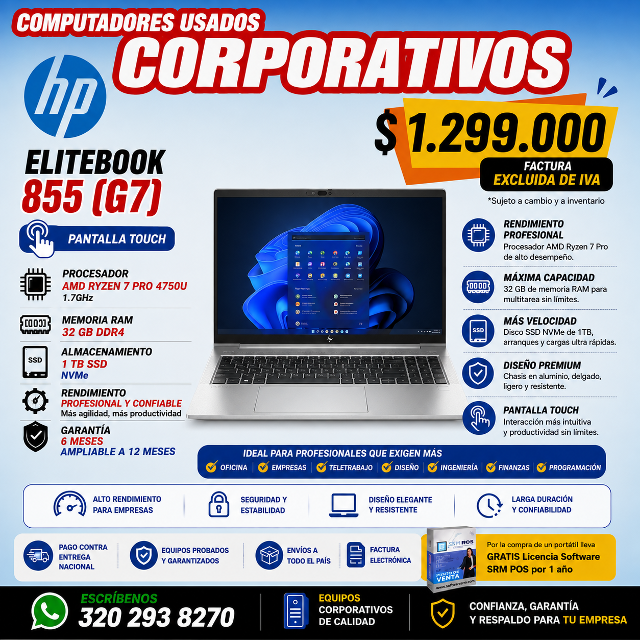 HP EliteBook 855 G7 Touch AMD Ryzen 7 Pro 4750U 32GB 1TB SSD | Portátil Corporativo Usado