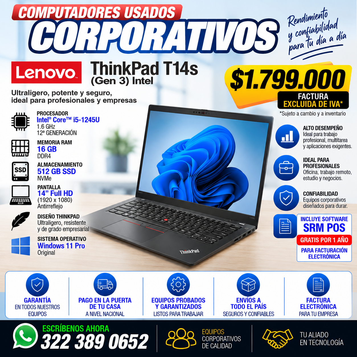 Lenovo ThinkPad T14s Gen 3 Core i5 1245U 16GB RAM 512GB SSD portátil corporativo usado Colombia