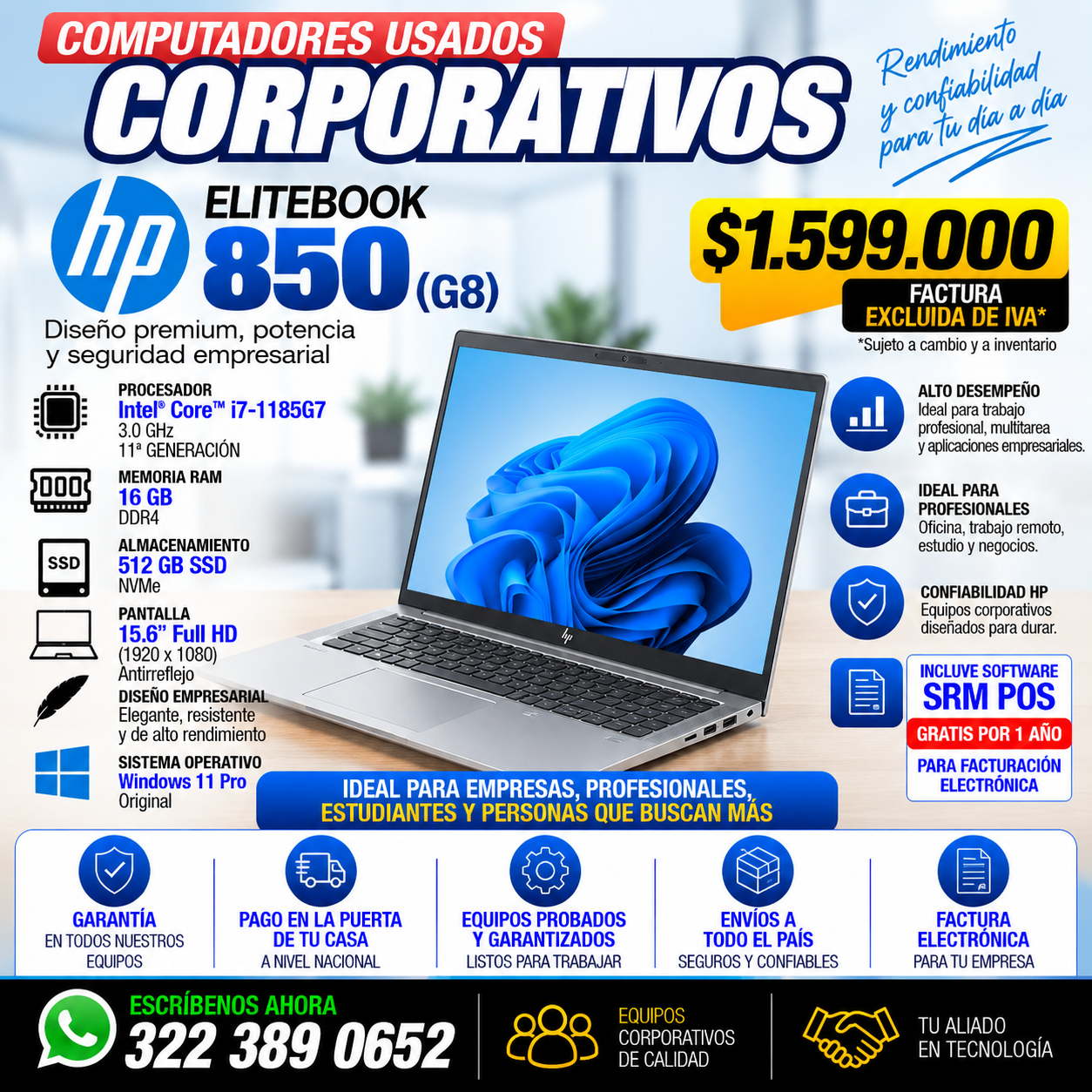 HP EliteBook 850 G8 Core i7 1185G7 16GB RAM 512GB SSD portátil corporativo usado Colombia