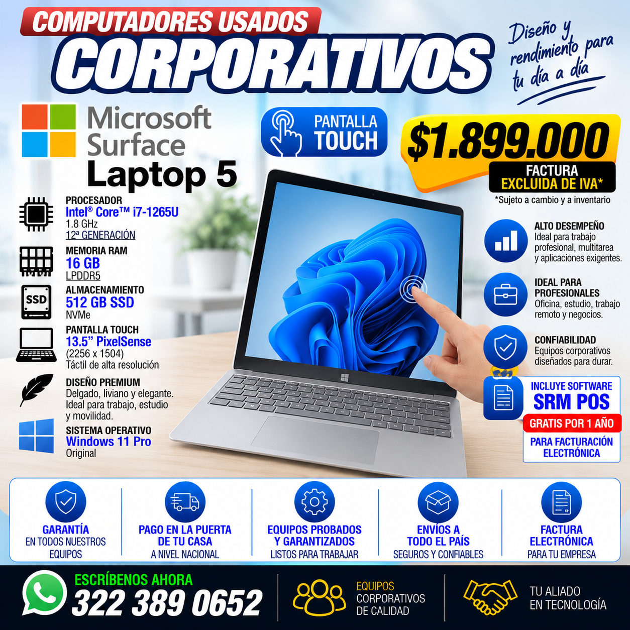 Microsoft Surface Laptop 5 Touch Core i7 1265U 16GB RAM 512GB SSD usado Colombia
