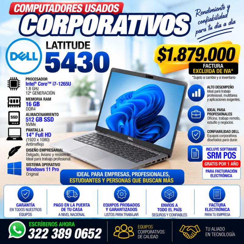 Dell Latitude 5430 Core i7 de 12ª generación con 16GB RAM y 512GB SSD, portátil corporativo usado en Colombia