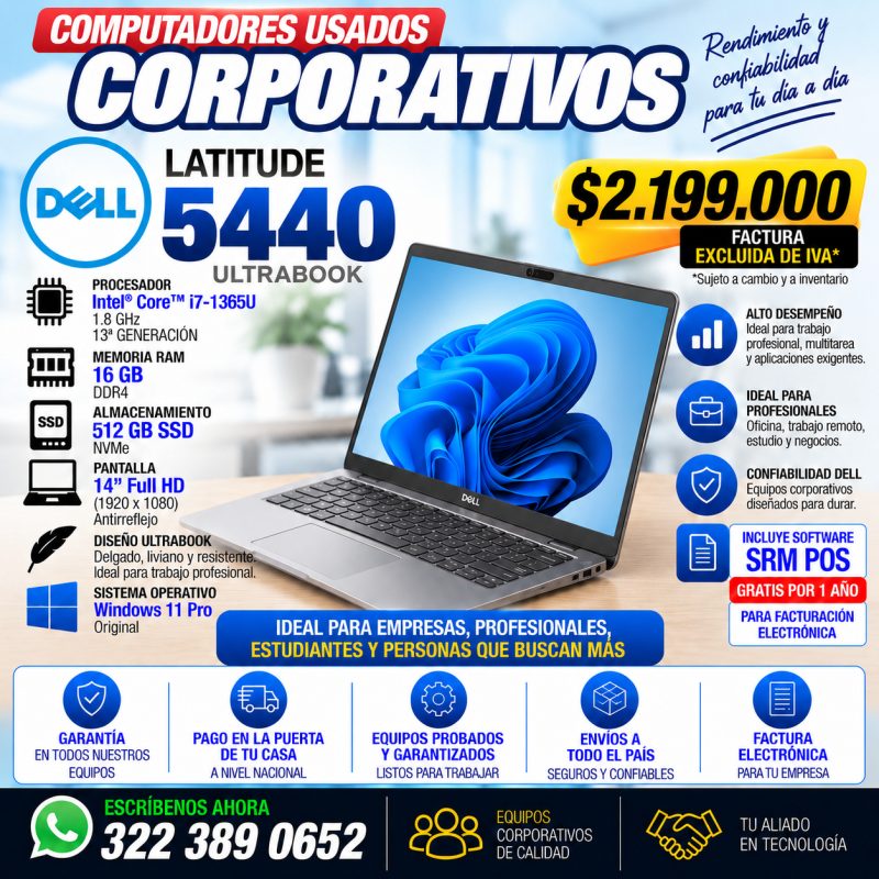 Dell Latitude 5440 Core i7-1365U de 13ª generación con 16GB RAM y 512GB SSD, portátil corporativo usado disponible en Colombia
