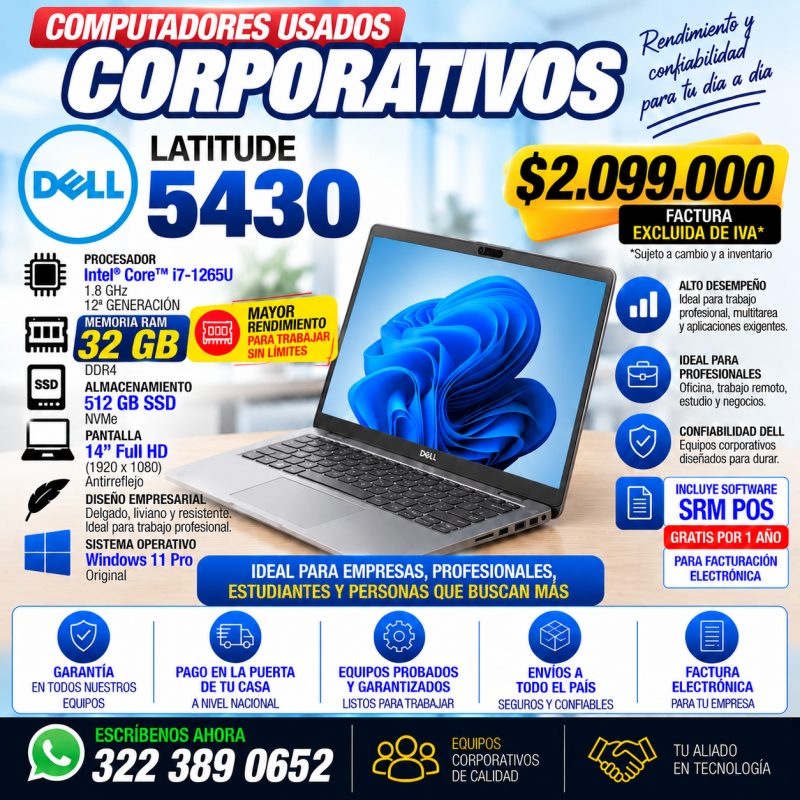 Dell Latitude 5430 Core i7-1265U de 12ª generación con 32GB RAM y 512GB SSD, portátil corporativo usado en Colombia